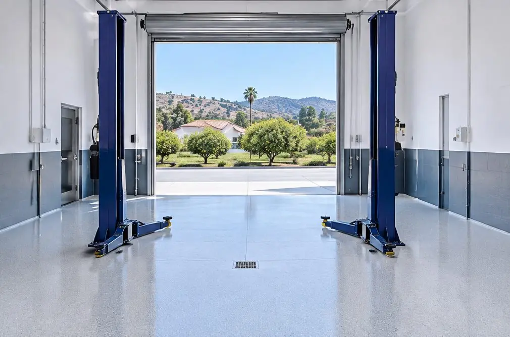 Illustration: a three-bay auto repair shop with a light-gray quartz epoxy floor, two-post lifts and painted bay boundary lines