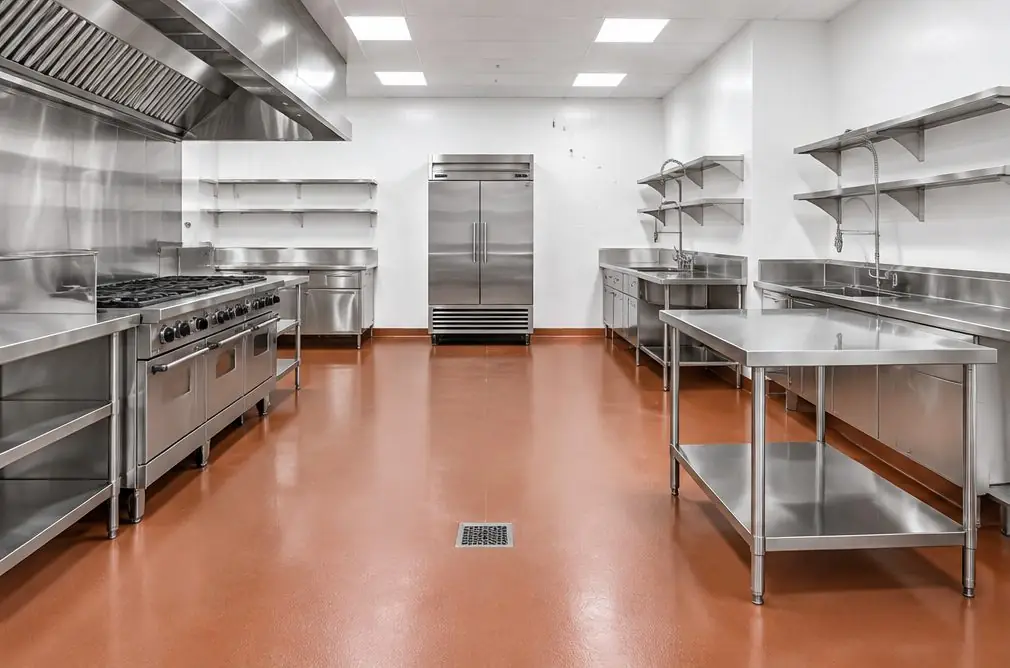 Illustration: a restaurant kitchen with a seamless terracotta urethane cement floor, stainless prep tables, a floor drain and a coved base at the walls