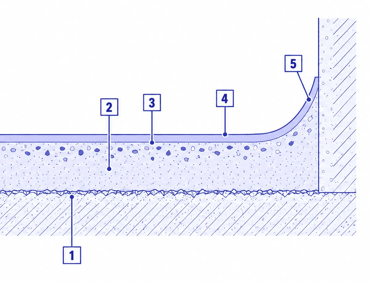 Diagram: cross-section of a kitchen floor meeting a wall, a shot-blasted concrete slab, a troweled urethane cement layer with broadcast aggregate, a sealer and the system curving up the wall in a cove