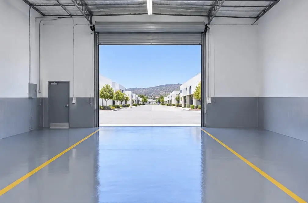 Illustration: a coated floor seen from inside, with Enterprise Street and South Andreasen Drive beyond the open door
