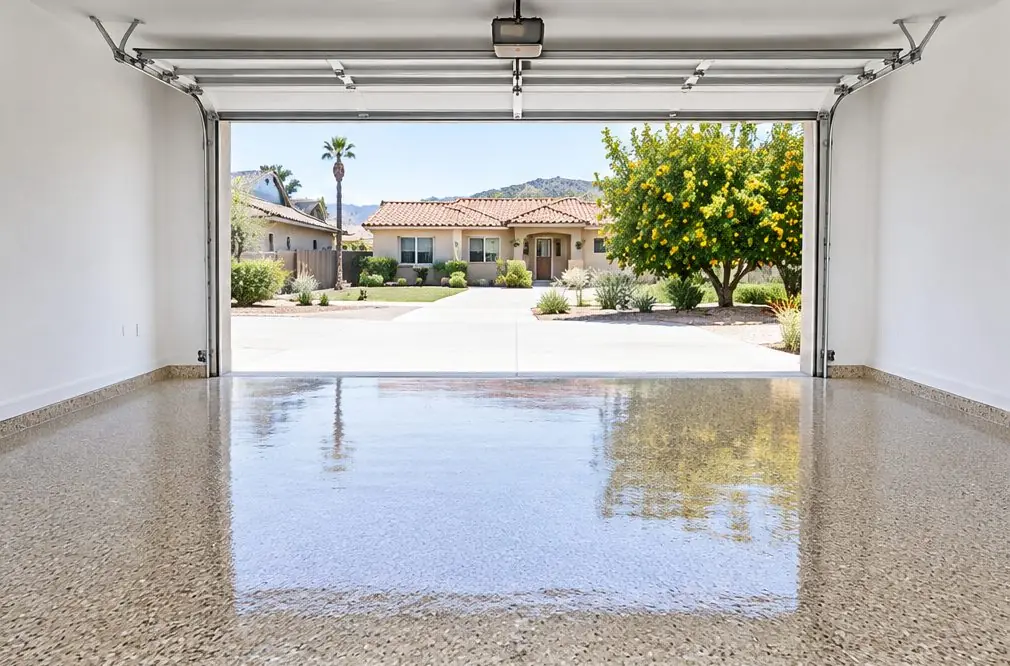Illustration: a two-car garage floor in tan, brown and cream flakes under a glossy clear coat, the door open to a bright morning
