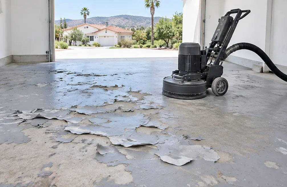 Illustration: a garage floor with curling gray paint and bare concrete patches beside a grinder with a dust hose, ready for removal