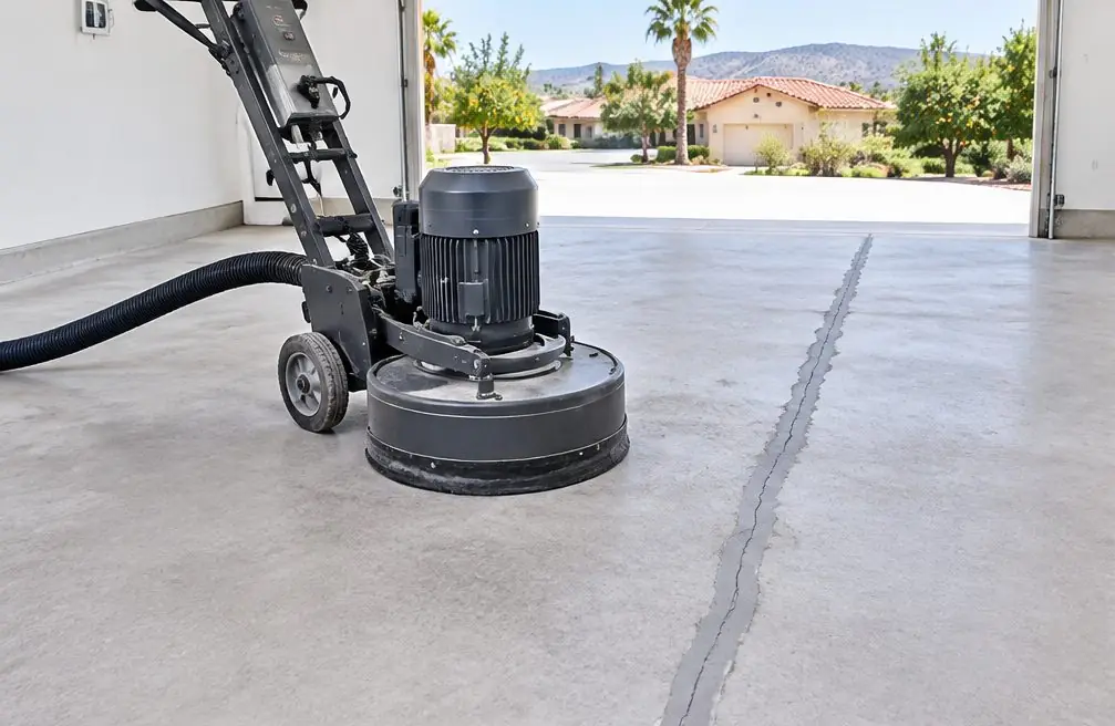 Illustration: a dust-shrouded diamond grinder with a vacuum hose on a bare concrete garage floor, a filled crack ground level beside it