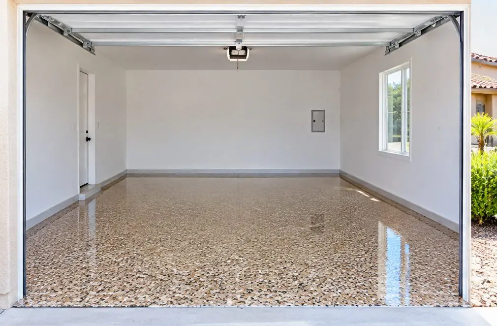 Illustration: a single-car garage with a tan and brown flake floor under a clear glossy coat, the door open to bright sun