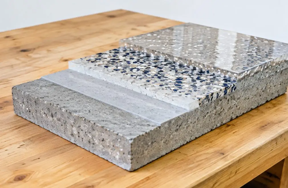Illustration: a cut-away block of concrete with three thin coating layers stepped back to show each one, resting on a garage workbench
