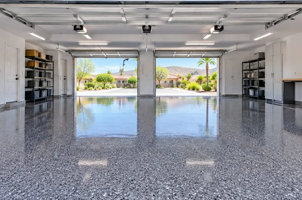 Illustration: a wide three-car garage with a charcoal and gray flake floor and a glossy clear coat reflecting the door opening