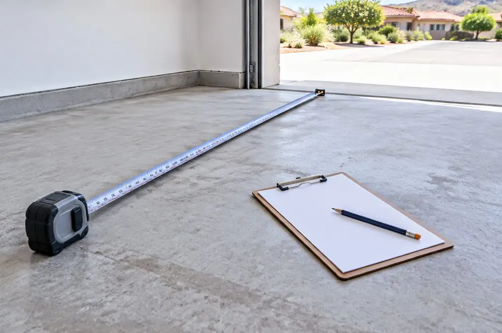 Illustration: a long tape measure laid along the edge of a bare concrete garage floor beside a clipboard with blank paper
