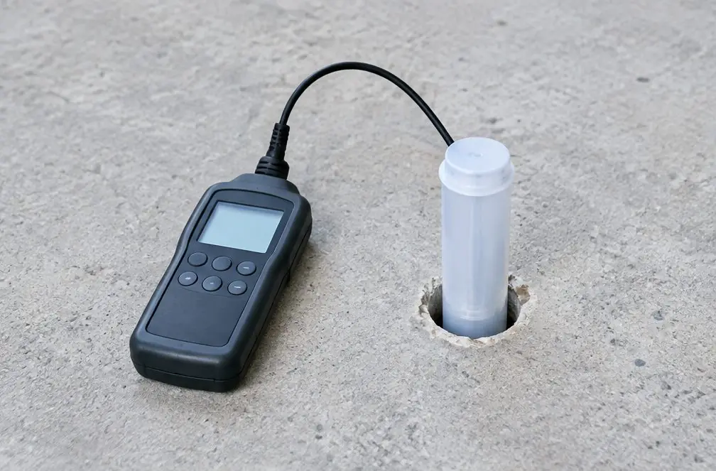 Illustration: a small handheld meter beside a sealed probe sleeve set in a drilled hole in a clean ground slab