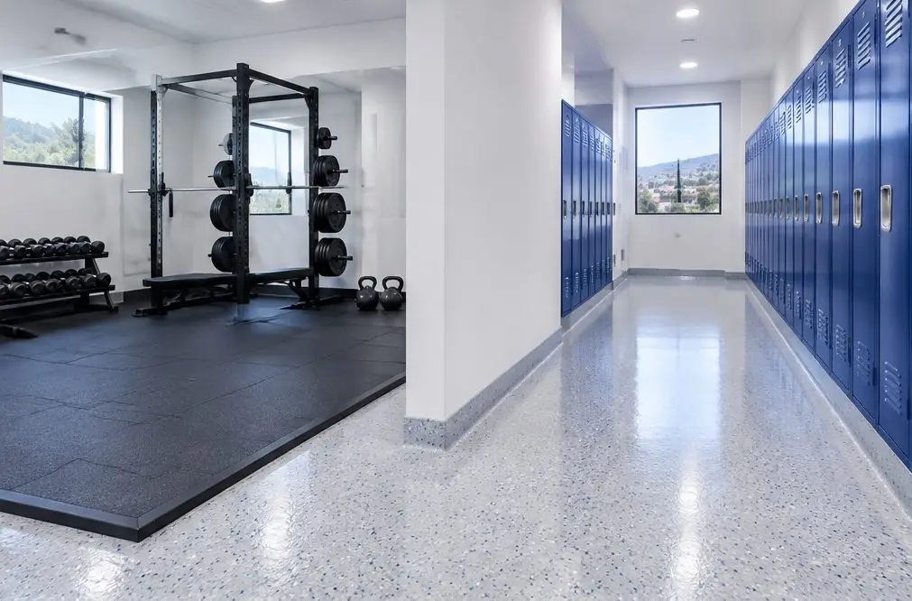 Illustration: a fitness studio with a rubber lifting platform beside a bright flake-coated locker room corridor and a coved wet-area edge