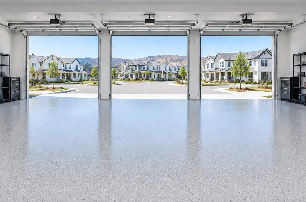 Illustration: a coated floor seen from inside, with Harmony Grove beyond the open door