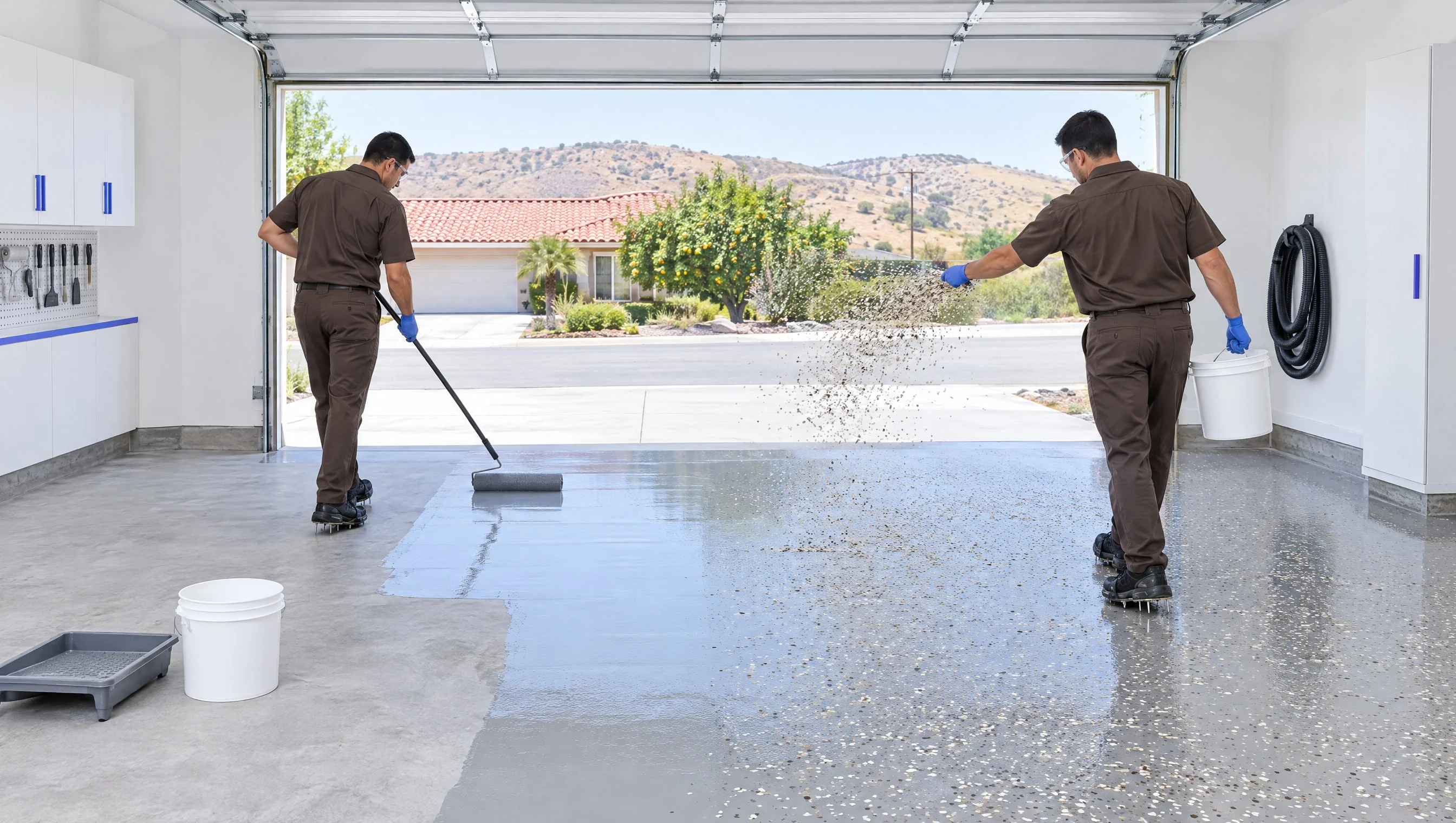 Illustration: two coating crew members in matching warm graphite-brown work uniforms and clean spiked shoes in a clean two-car Escondido garage with the door open to a bright valley morning, one rolling the base coat and the other broadcasting color flakes by hand, no car inside (AI-generated)