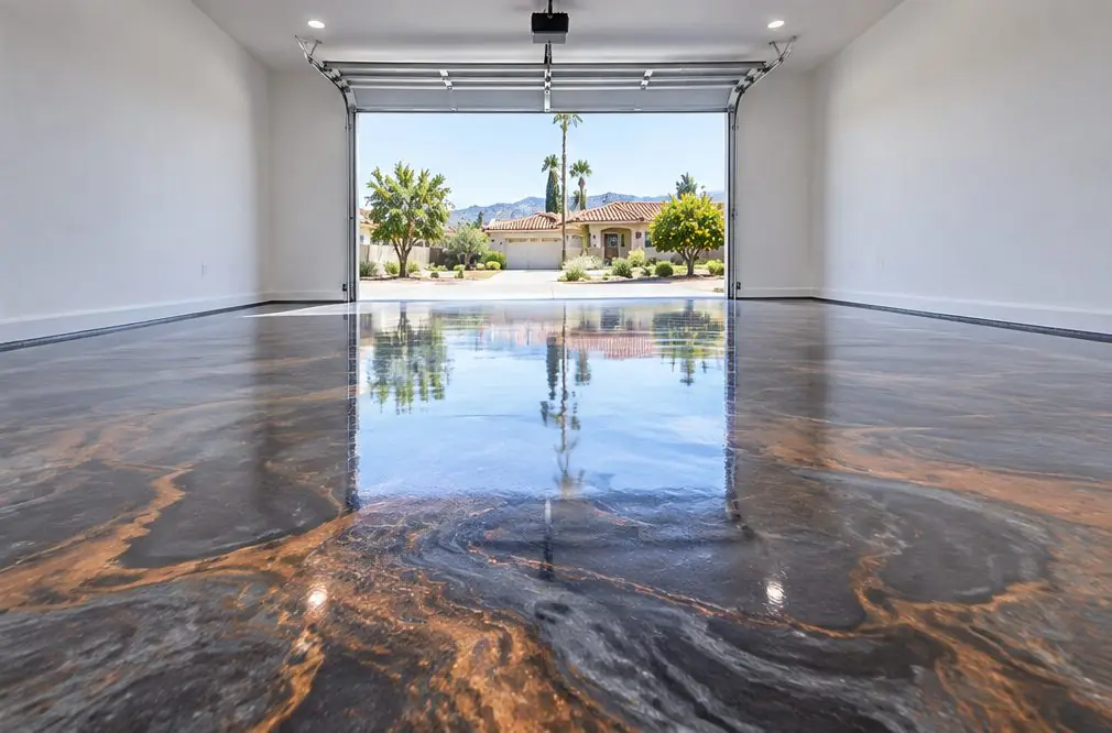 Illustration: a showpiece garage floor in swirled graphite and copper metallic epoxy under a high-gloss clear coat, reflecting the open door
