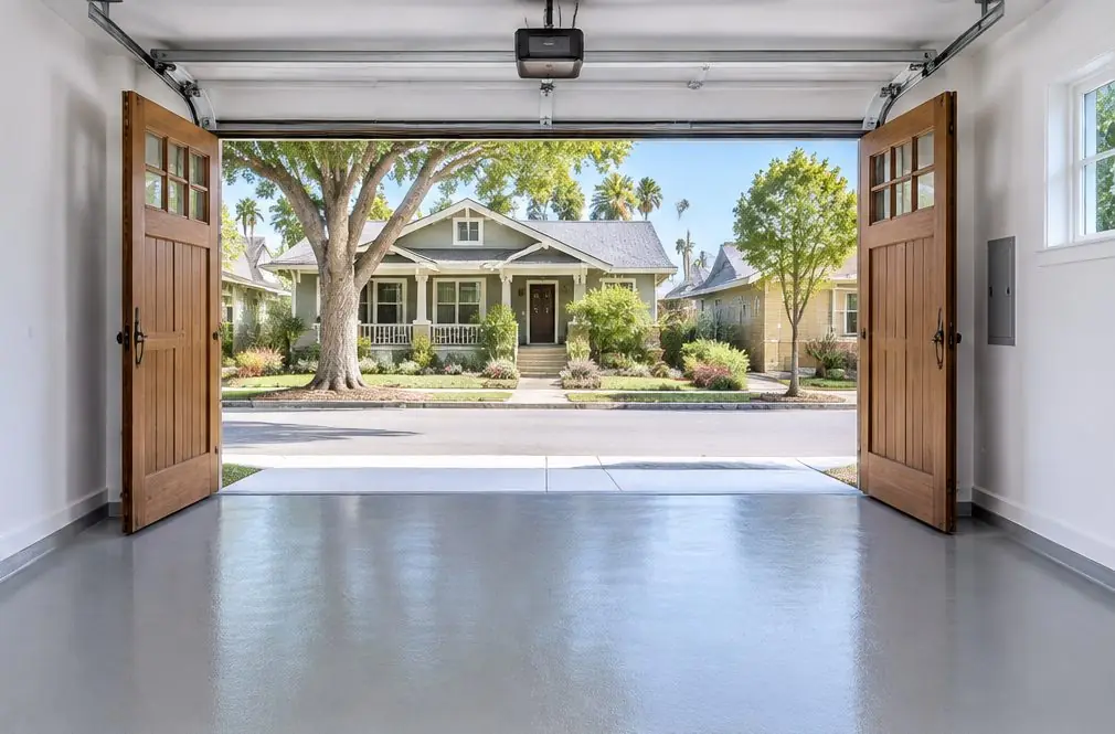 Illustration: a coated floor seen from inside, with Old Escondido Historic District beyond the open door