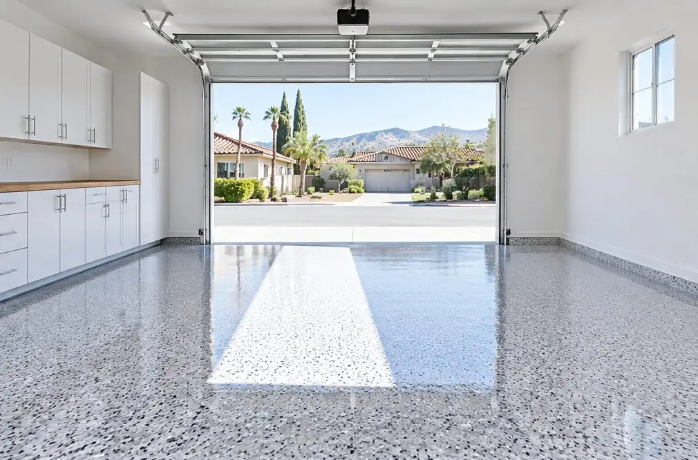 Illustration: a wide three-car garage floor in a bright polyaspartic flake system with a glossy clear coat, the door open to daylight