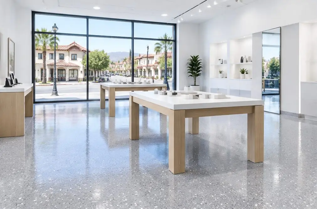 Illustration: a bright retail showroom with a glossy warm-gray flake epoxy floor, display tables and a front window facing a downtown street
