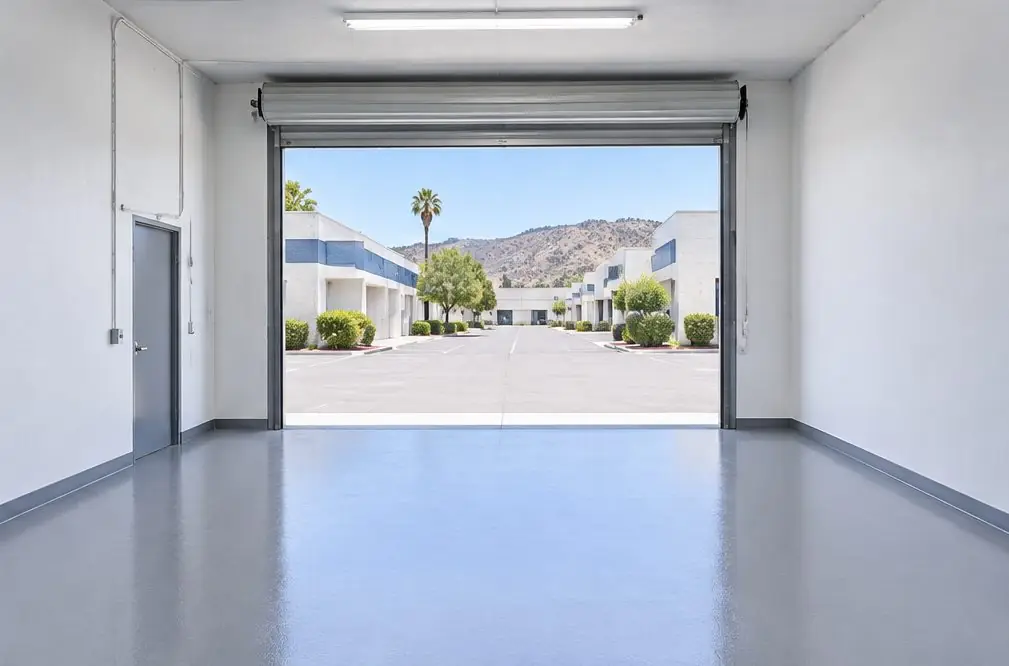 Illustration: a coated floor seen from inside, with Simpson Way Business Park beyond the open door