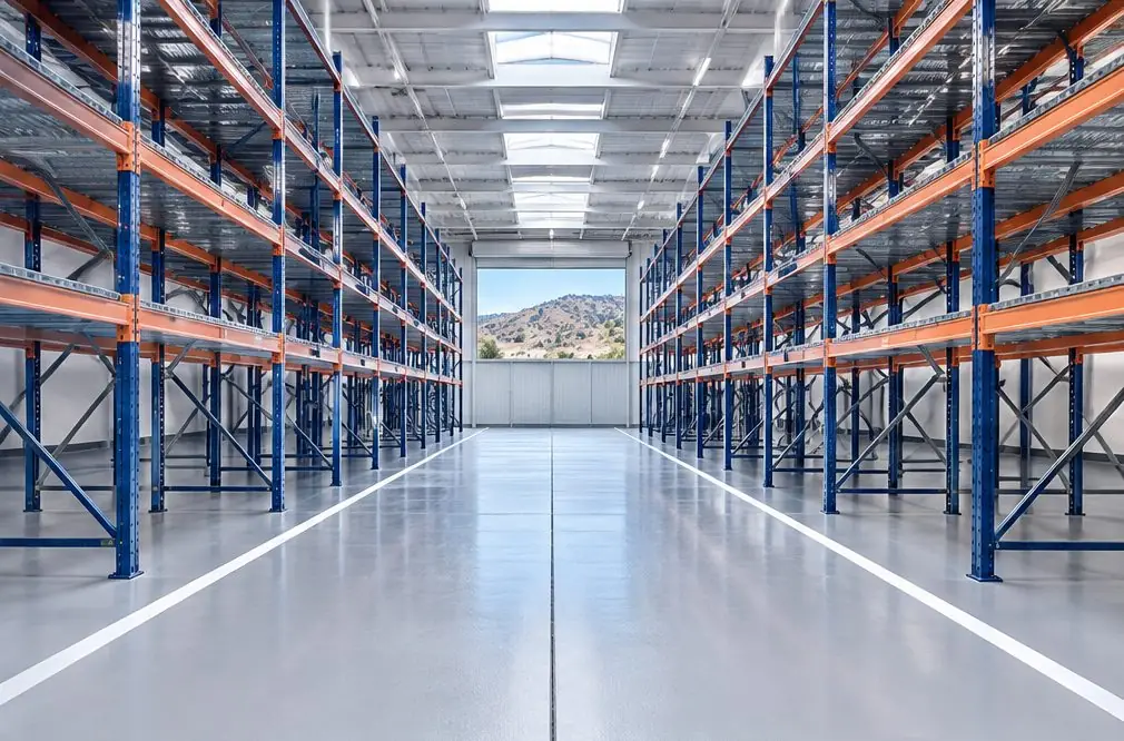 Illustration: a warehouse floor in gray epoxy with painted lane lines, a filled control joint and pallet racking on both sides