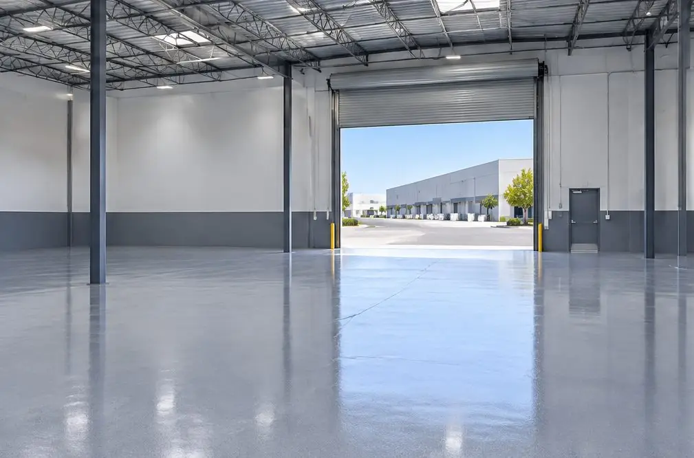 Illustration: a coated floor seen from inside, with West Mission Road beyond the open door